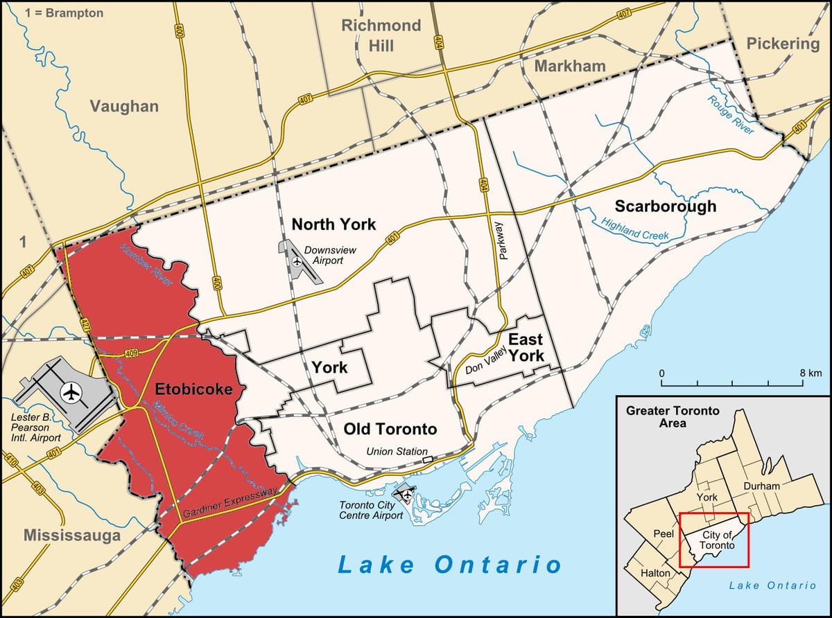 Карта на Etobicoke област Торонто