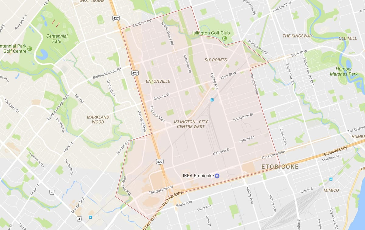 Карта на Islington-во Центарот на Градот Запад соседство Торонто