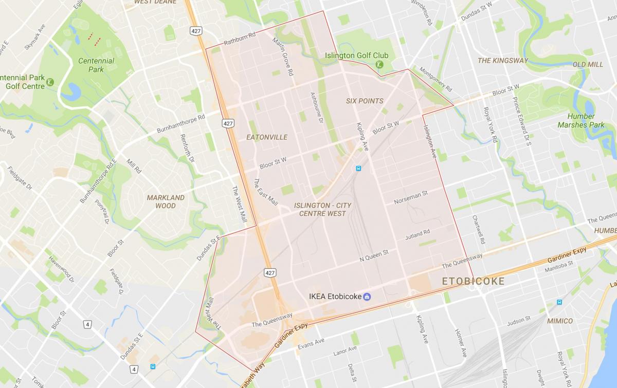 Карта на Islington-во Центарот на Градот Запад соседство Торонто