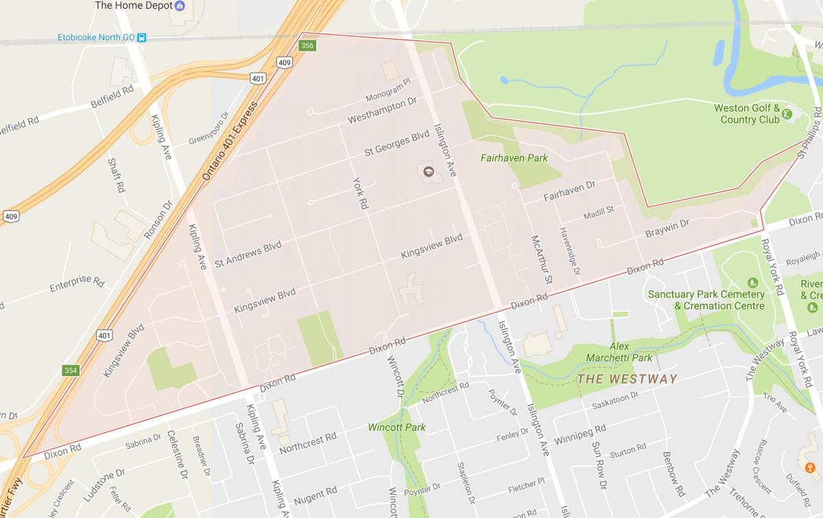 Карта на Kingsview Село соседство Торонто