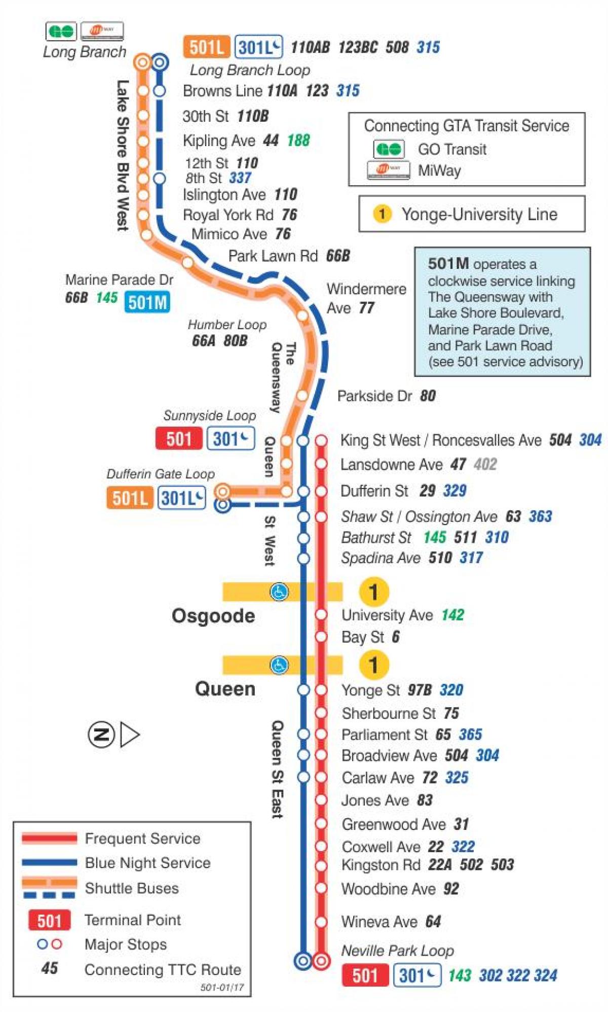 Карта на streetcar линија 501 Кралицата