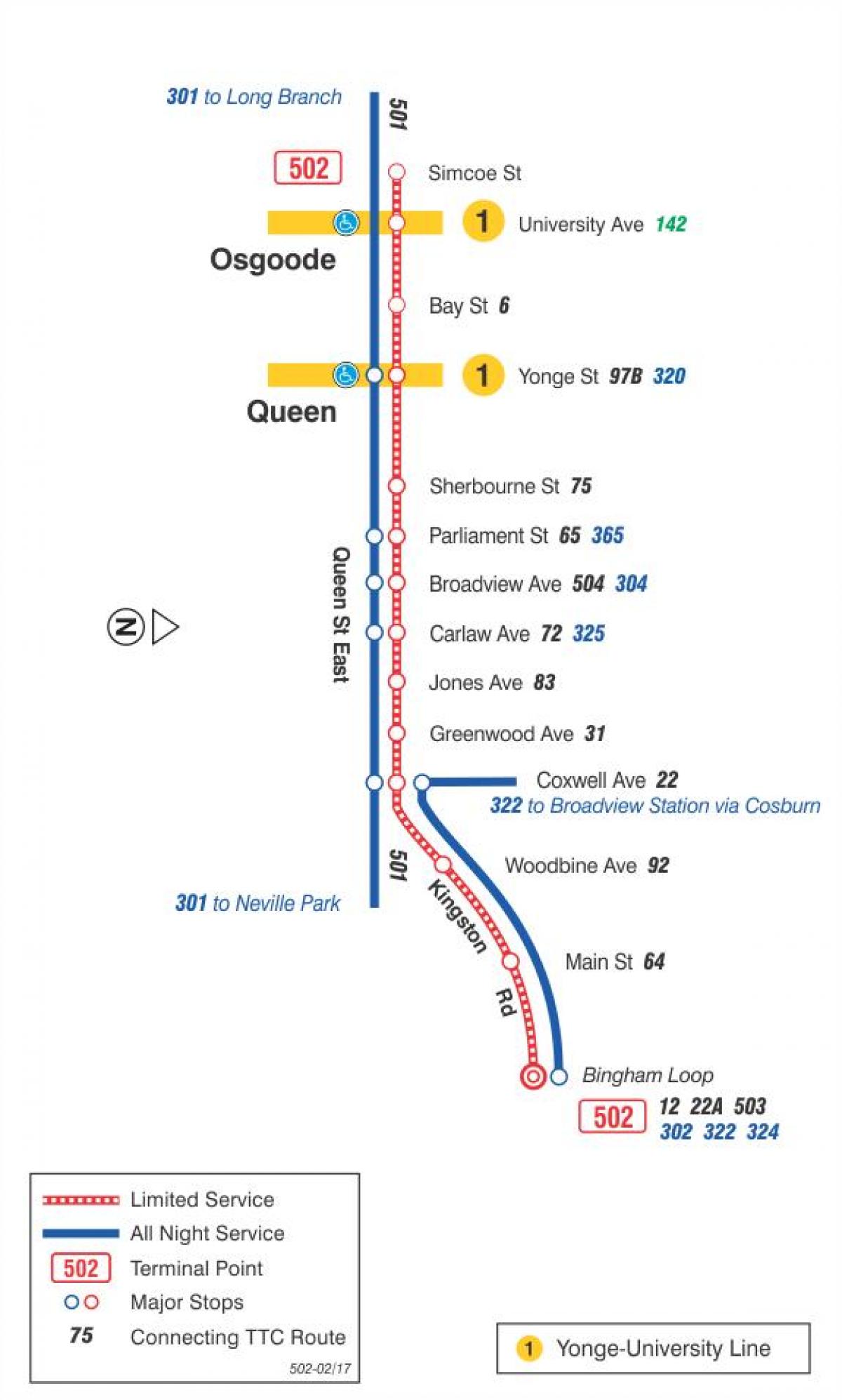 Карта на streetcar линија 502 Downtowner