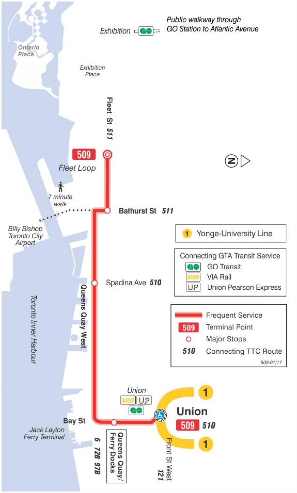 Карта на streetcar линија 509 Harbourfront