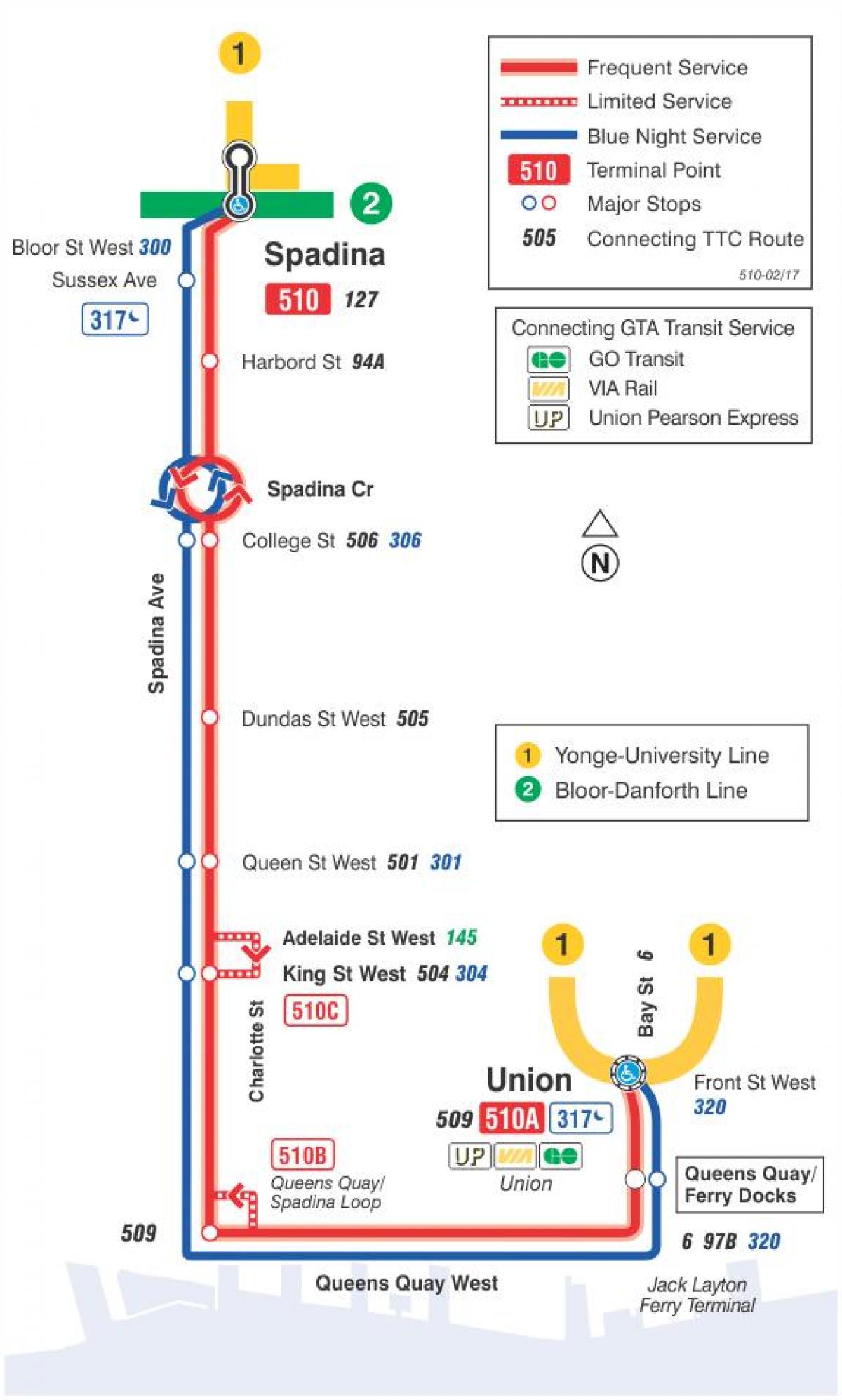 Карта на streetcar линија 510 Spadina