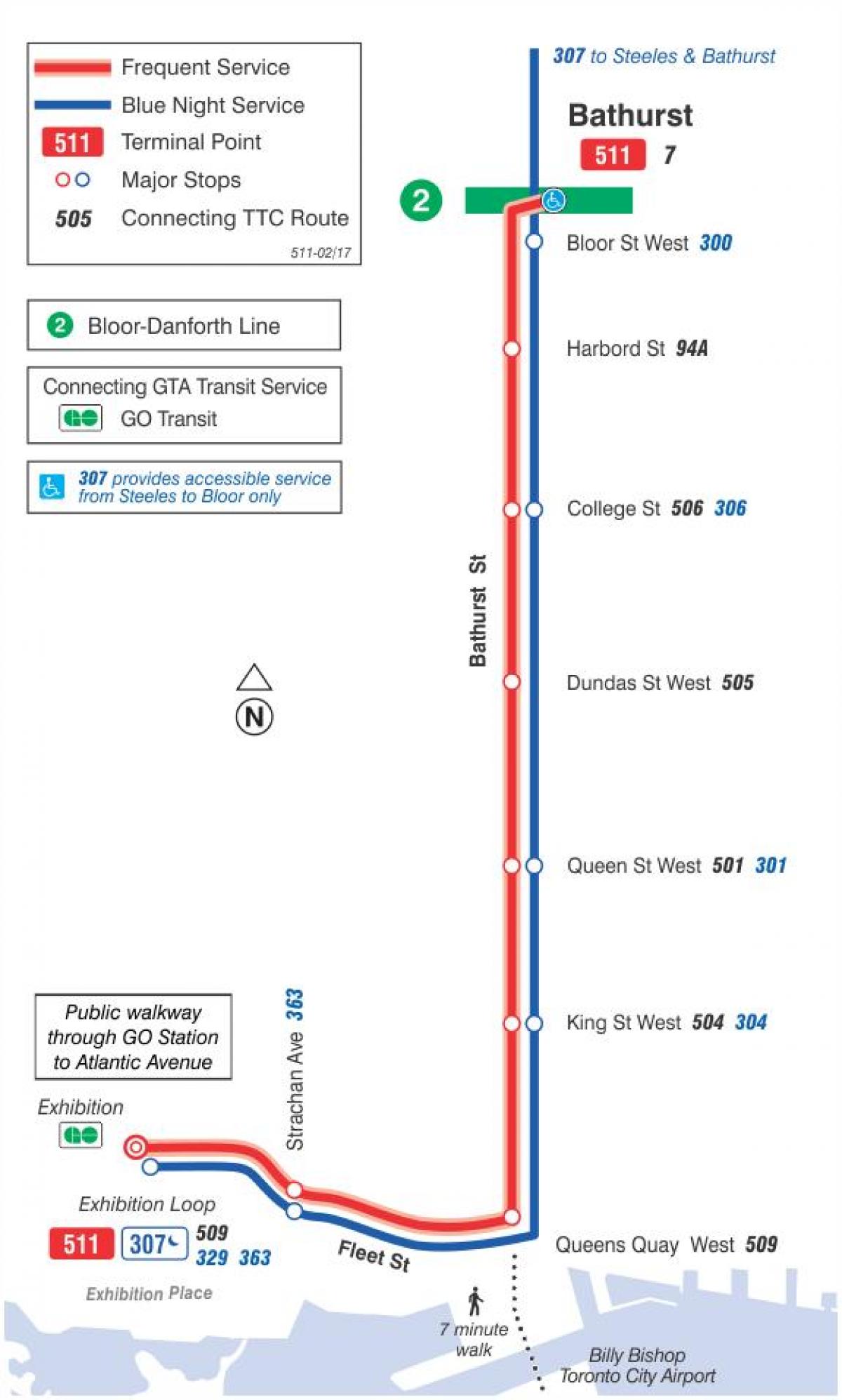 Карта на streetcar линија 511 Bathurst