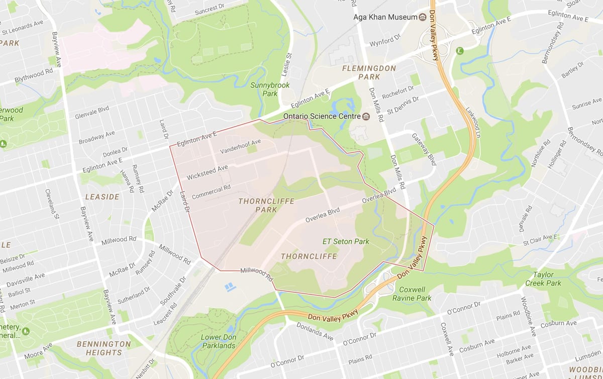 Карта на Thorncliffe Парк соседство Торонто