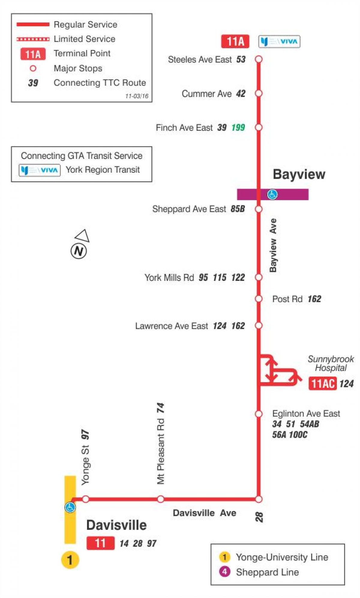 Карта на TTC 11 Bayview автобус пат Торонто