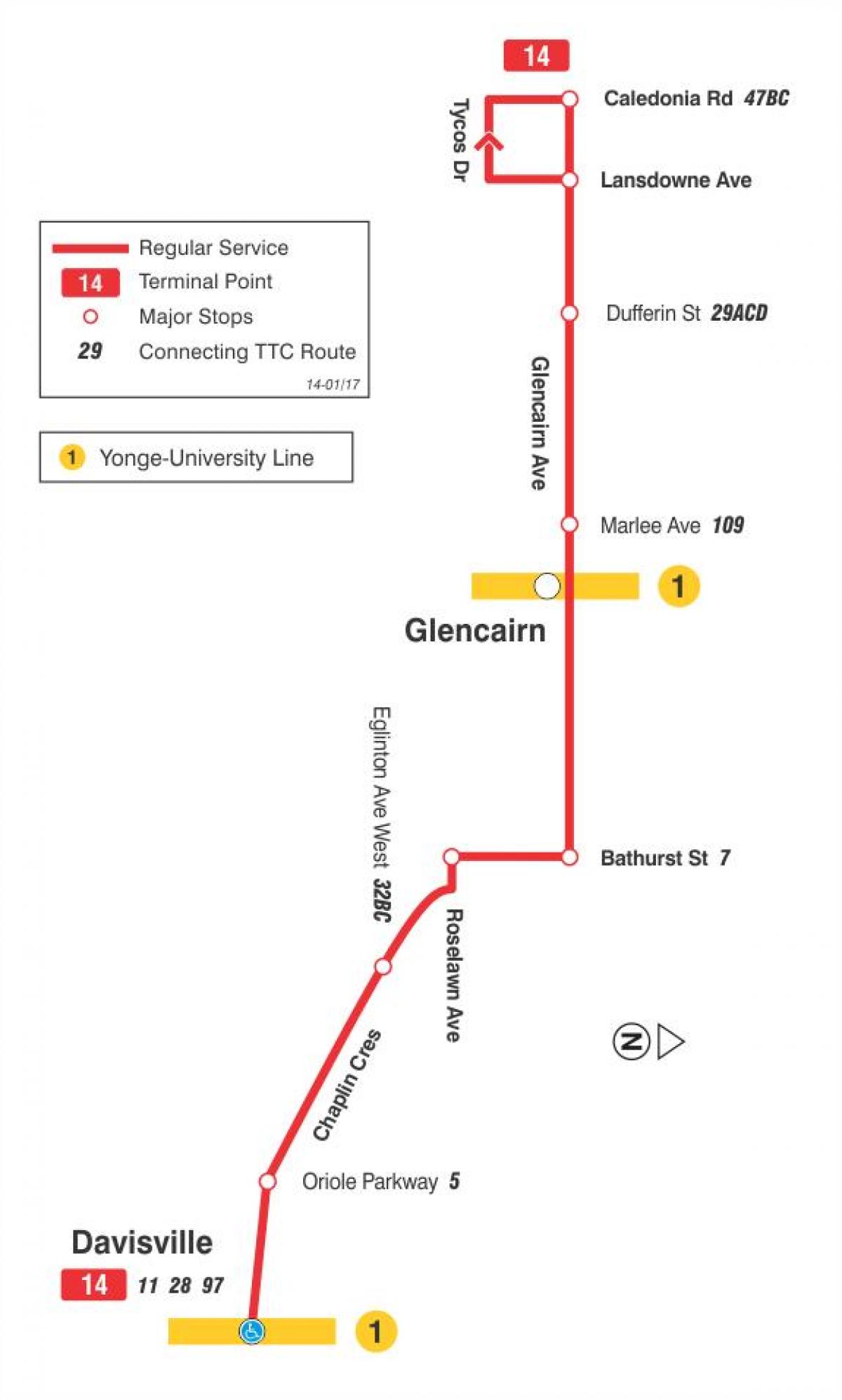 Карта на TTC 14 Glencairn автобус пат Торонто
