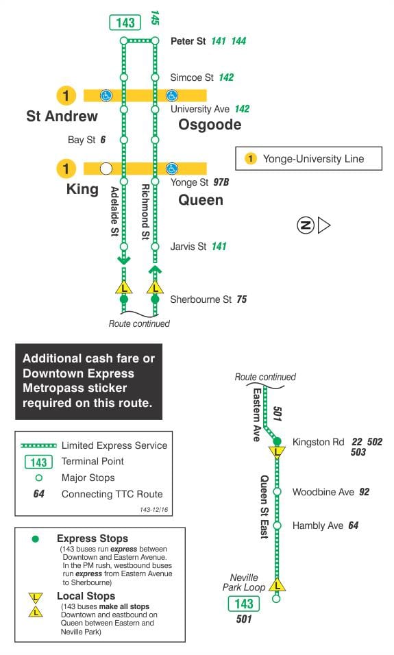 Карта на TTC 143 Центарот на градот / Плажа Изразат автобус пат Торонто