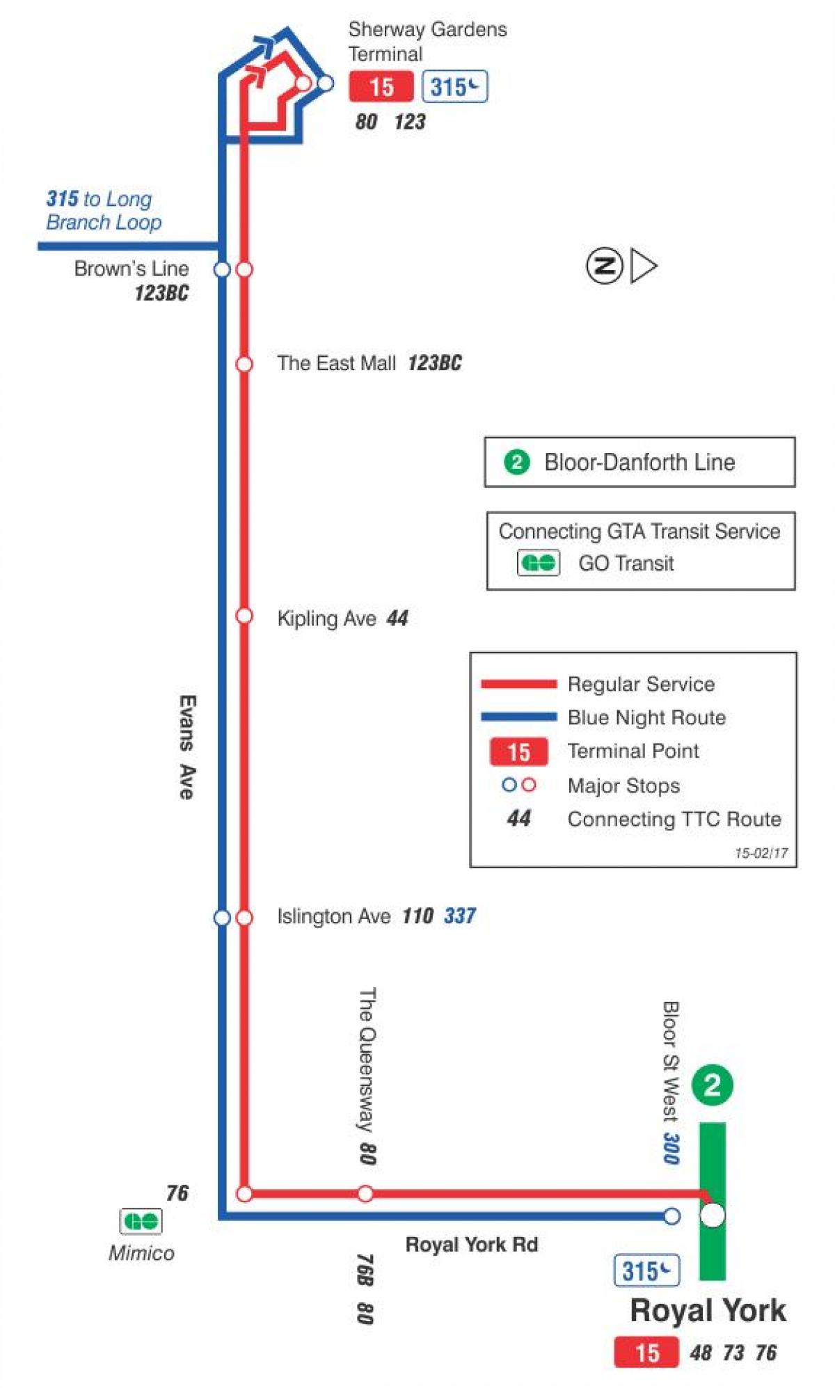 Карта на TTC 15 Еванс автобус пат Торонто