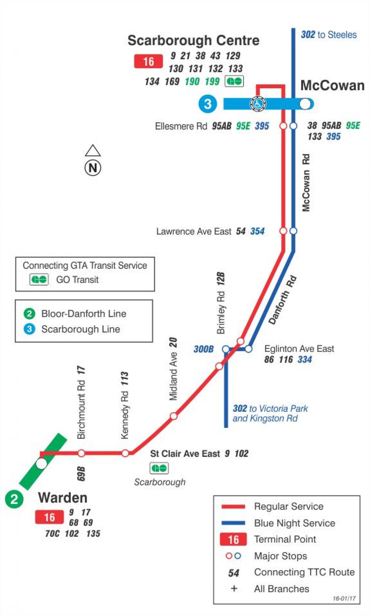 Карта на TTC 16 McCowan автобус пат Торонто