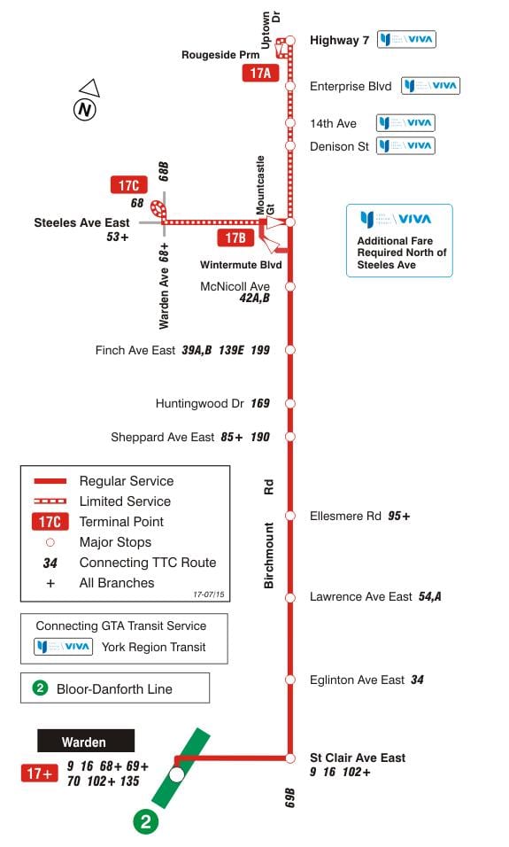 Карта на TTC 17 Birchmount автобус пат Торонто