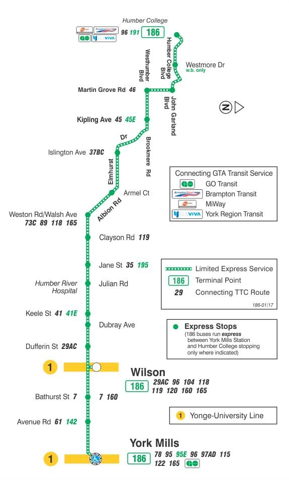 Карта на TTC 186 Вилсон Ракета автобус пат Торонто