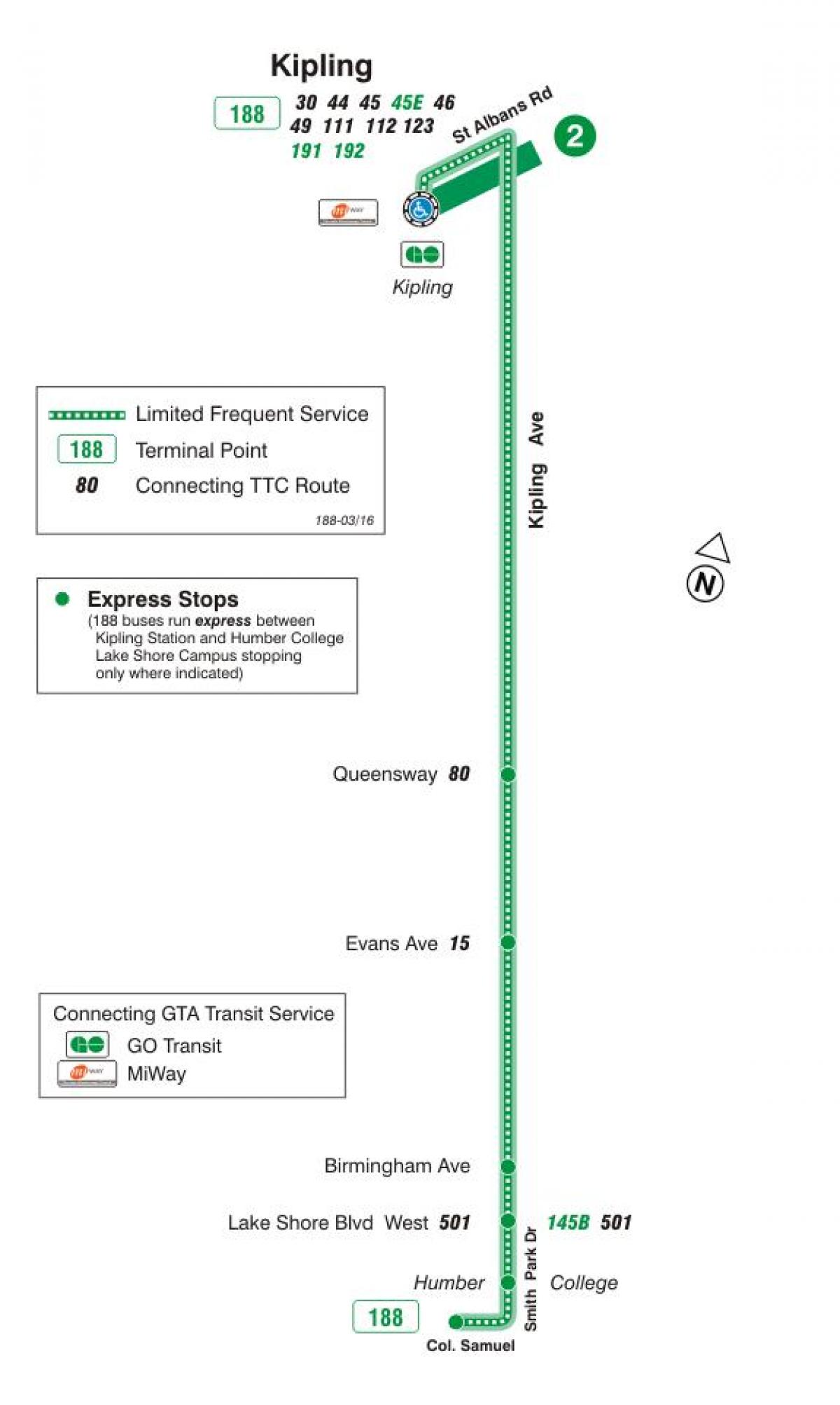 Карта на TTC 188 Kipling Јужна Ракета автобус пат Торонто