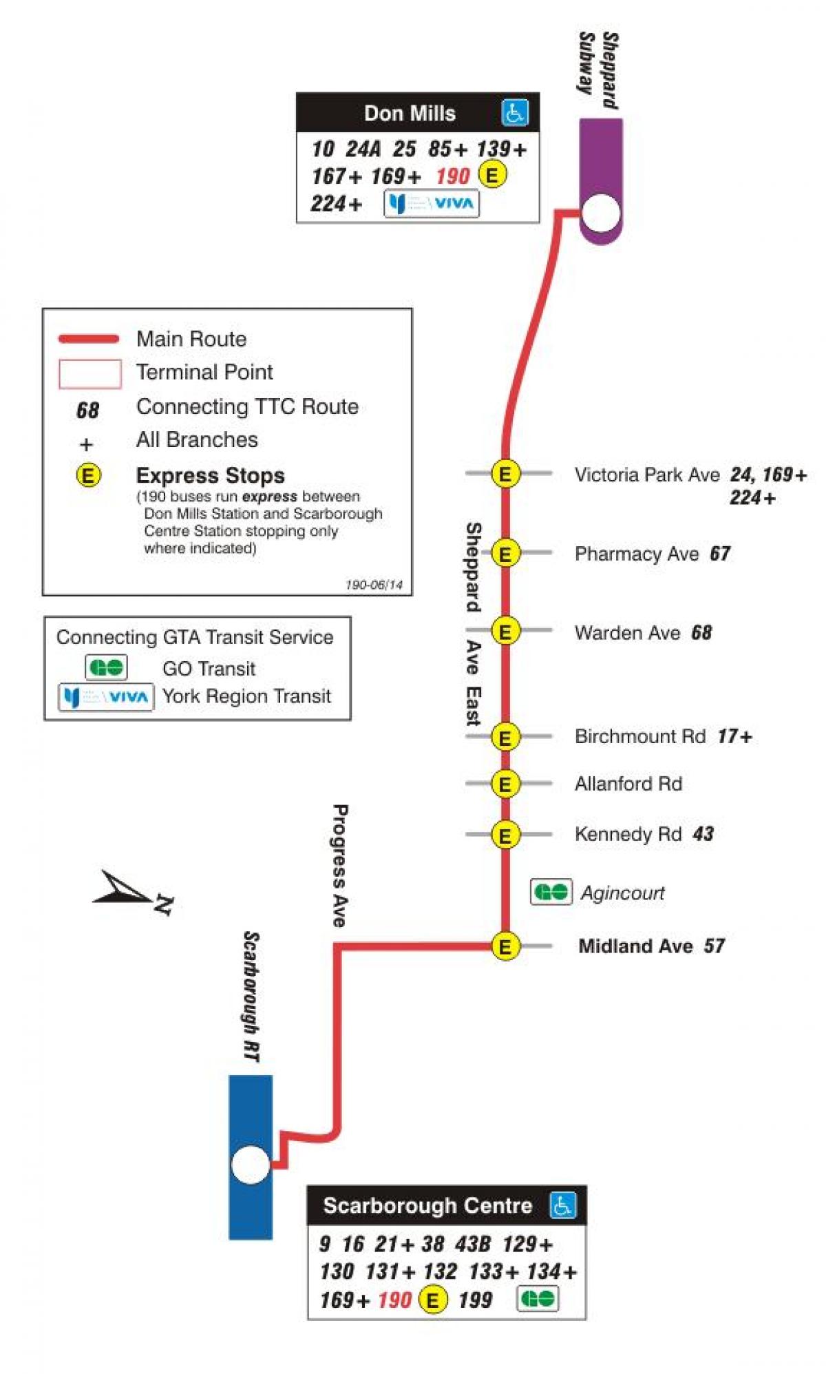 Карта на TTC 190 Scarborough Центар Ракета автобус пат Торонто