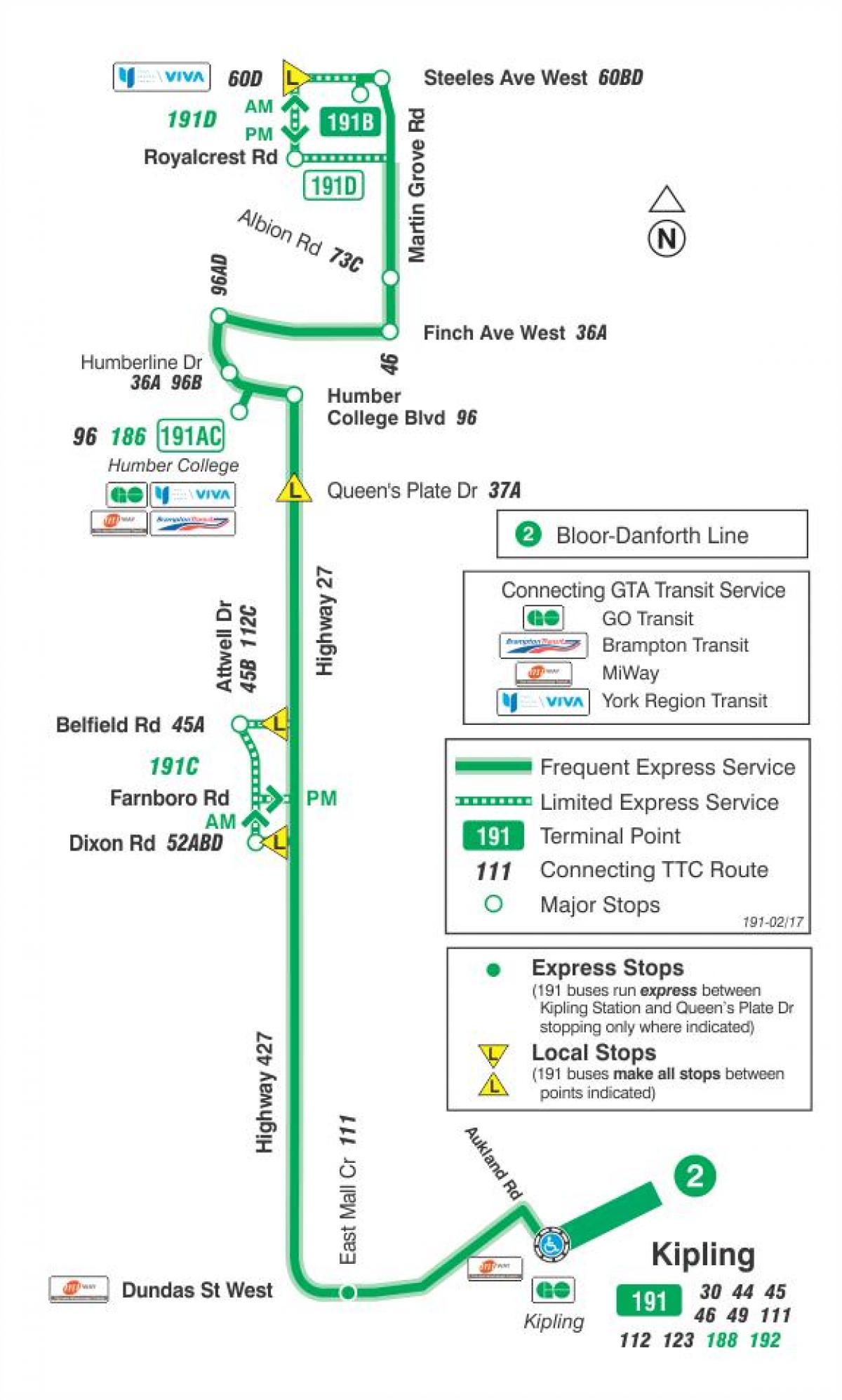 Карта на TTC 191 Автопат 27 Ракета автобус пат Торонто