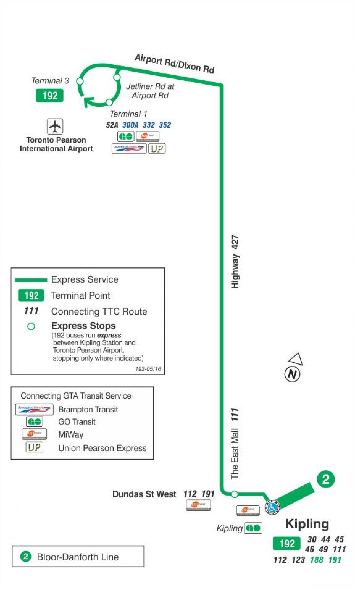 Карта на TTC 192 Аеродром Ракета автобус пат Торонто