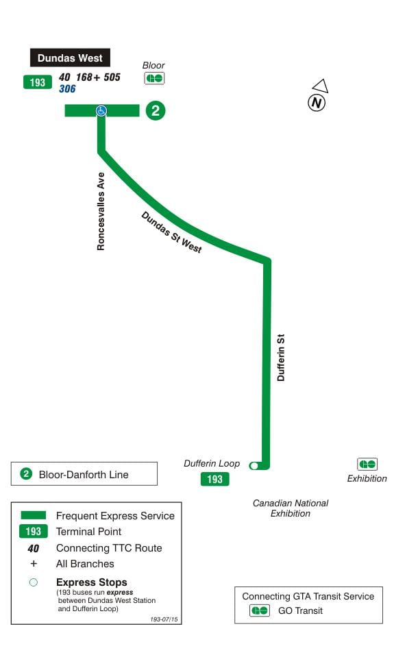 Карта на TTC 193 Изложба Ракета автобус пат Торонто