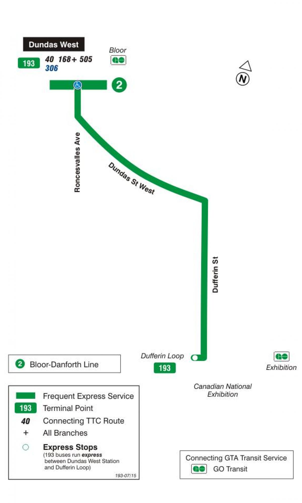 Карта на TTC 193 Изложба Ракета автобус пат Торонто