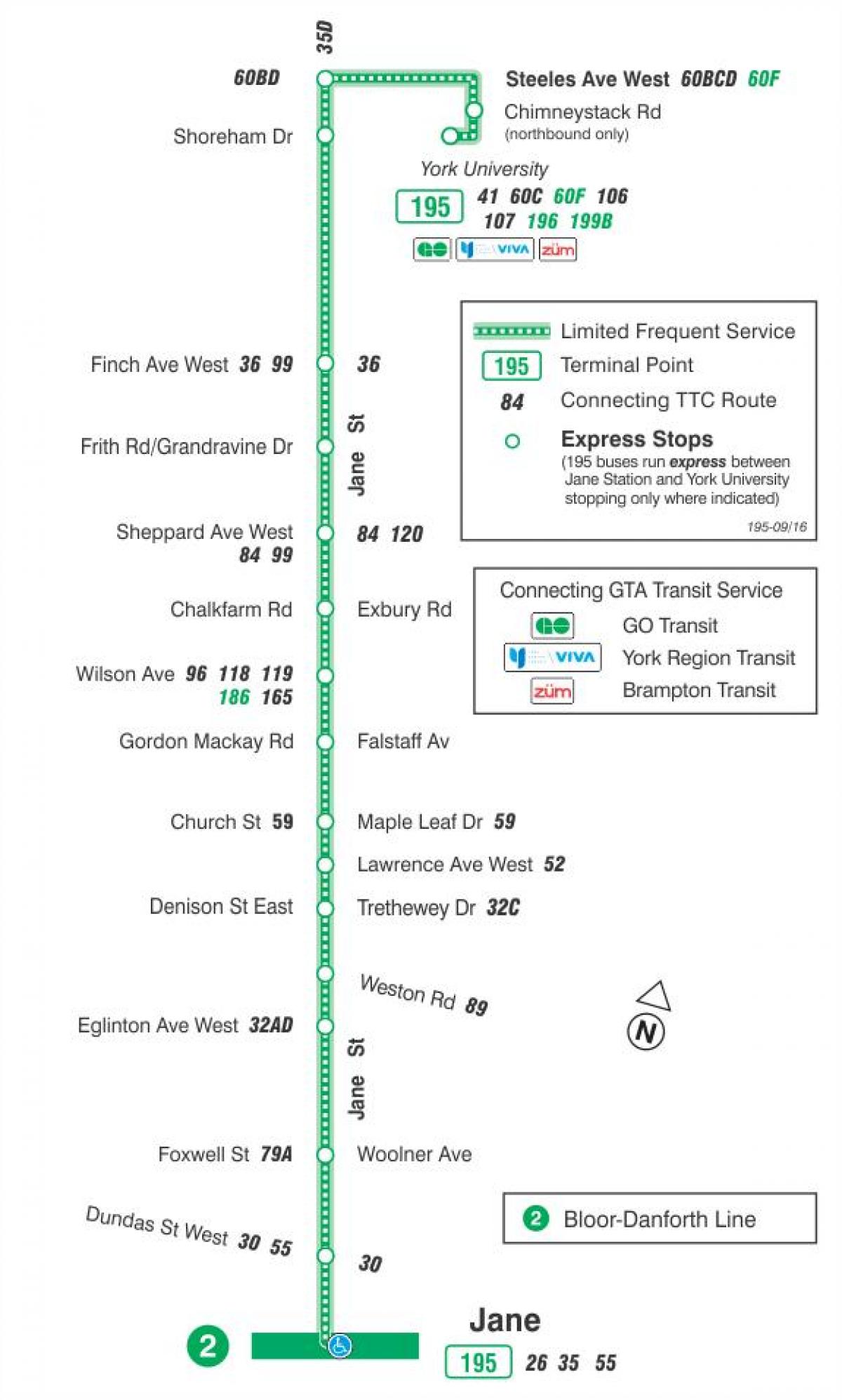 Карта на TTC 195 Јане Ракета автобус пат Торонто