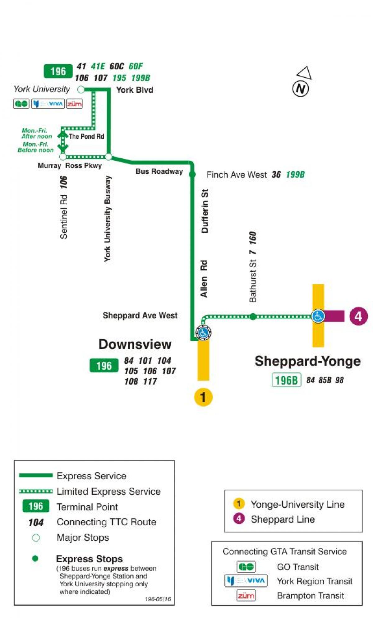 Карта на TTC 196 Јорк Универзитетот Ракета автобус пат Торонто