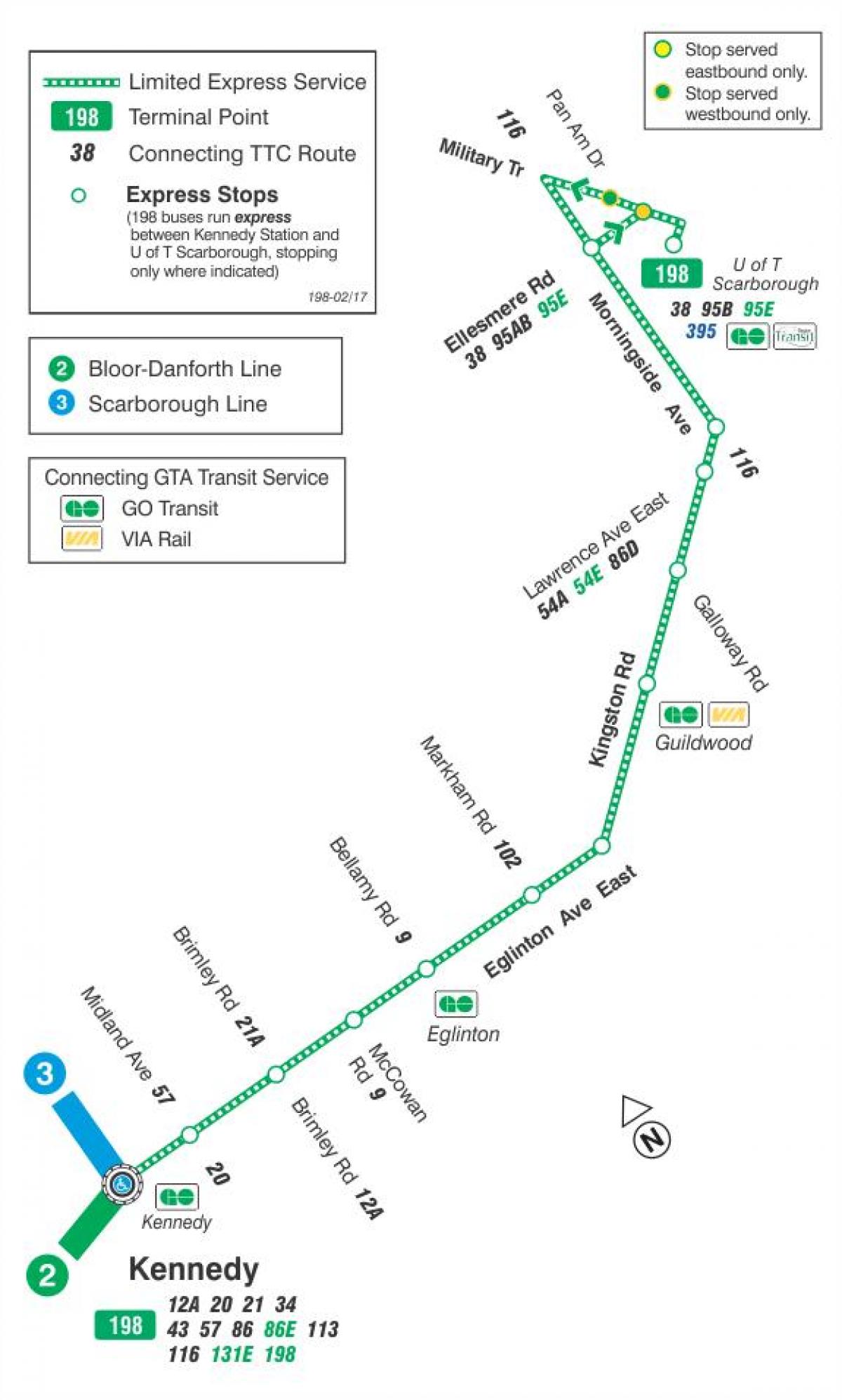 Карта на TTC 198 У Т Scarborough Ракета автобус пат Торонто