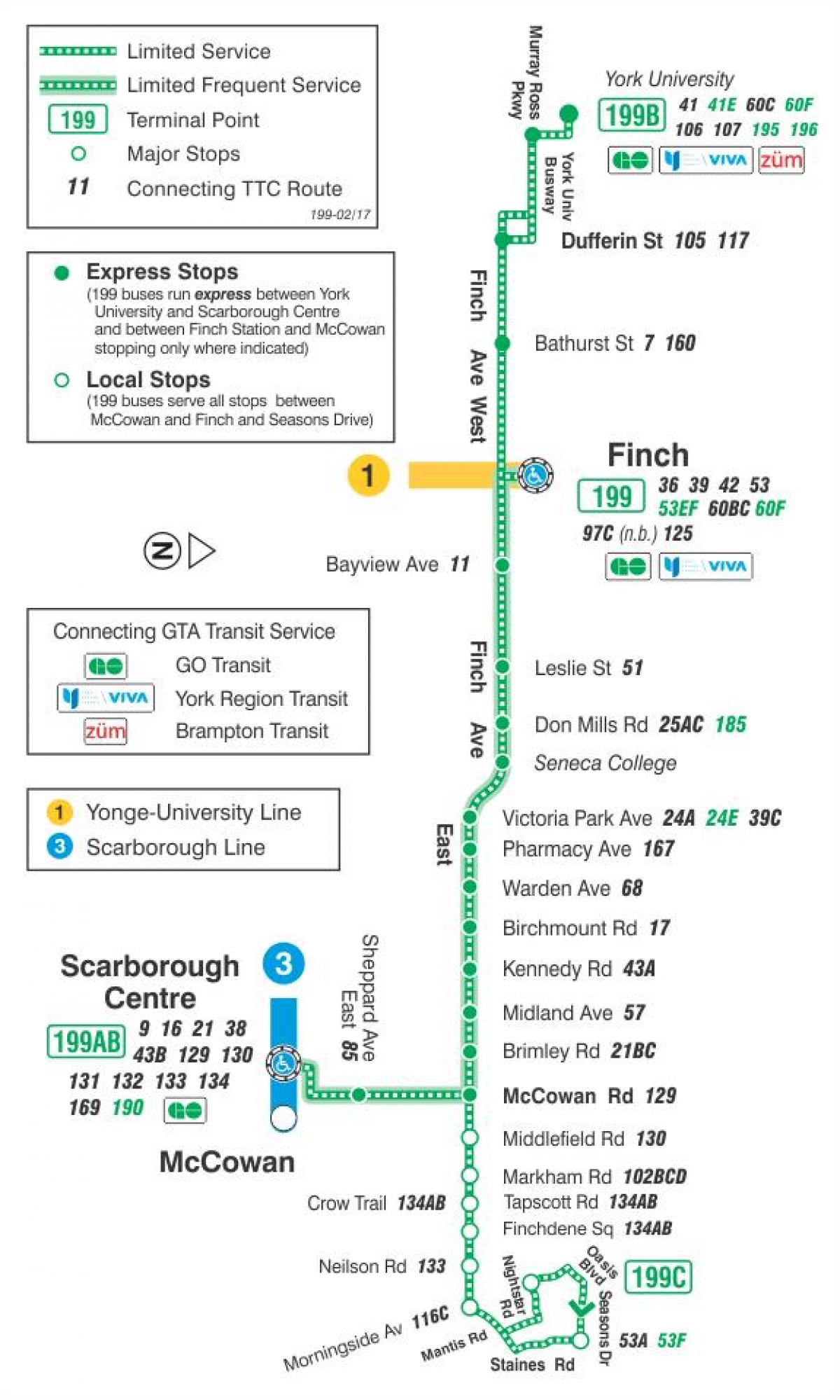 Карта на TTC 199 Финч Ракета автобус пат Торонто