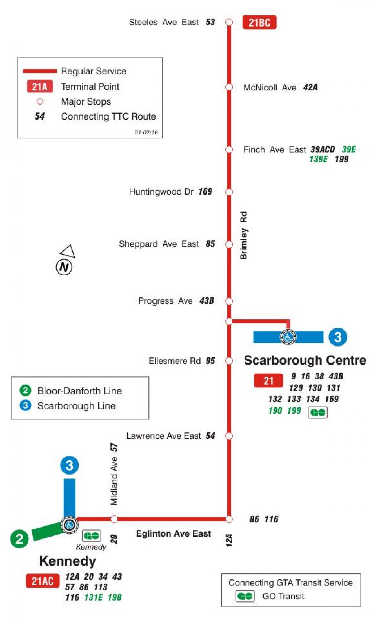 Карта на TTC 21 Brimley автобус пат Торонто