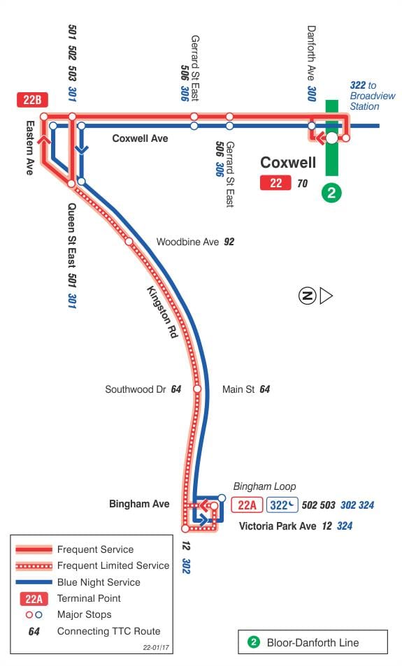 Карта на TTC 22 Coxwell автобус пат Торонто