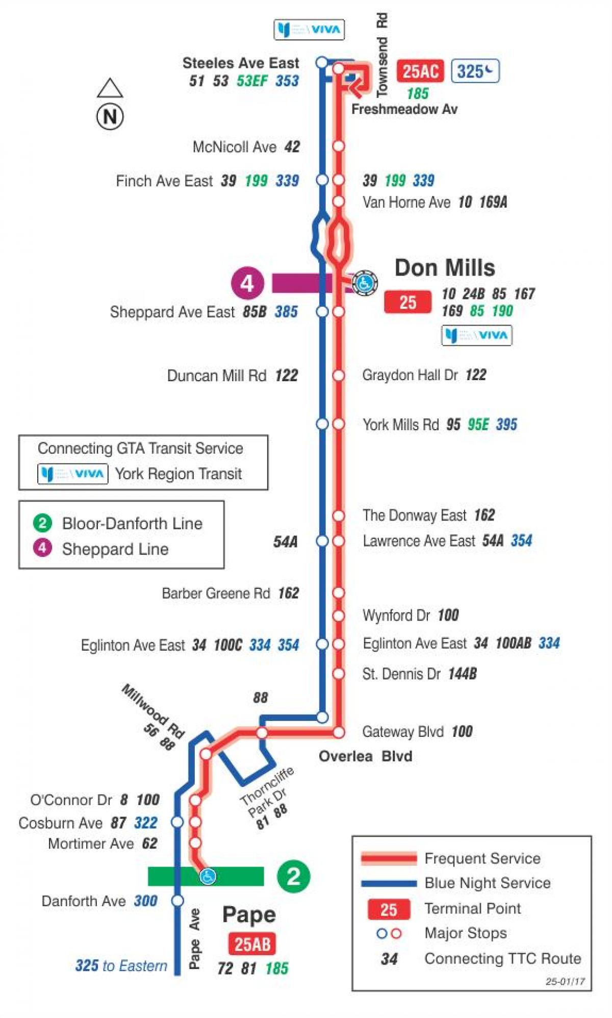 Карта на TTC 25 Не Мелници автобус пат Торонто