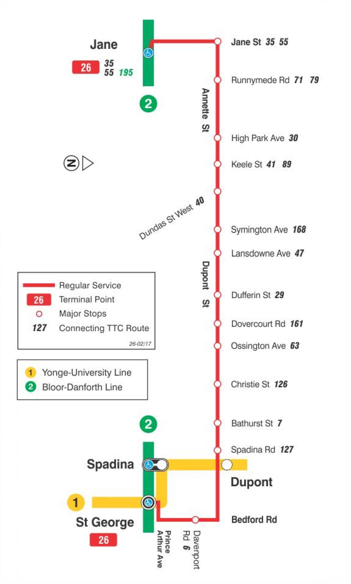 Карта на TTC 26 Dupont автобус пат Торонто