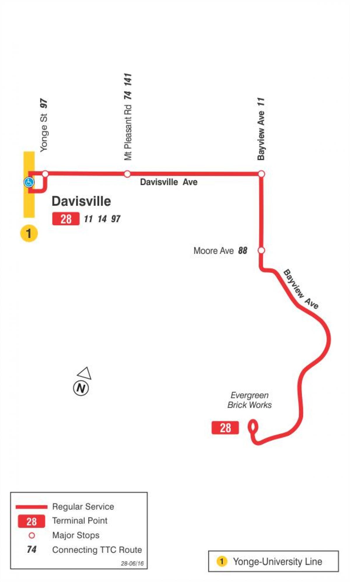 Карта на TTC 28 Bayview Јужна автобус пат Торонто