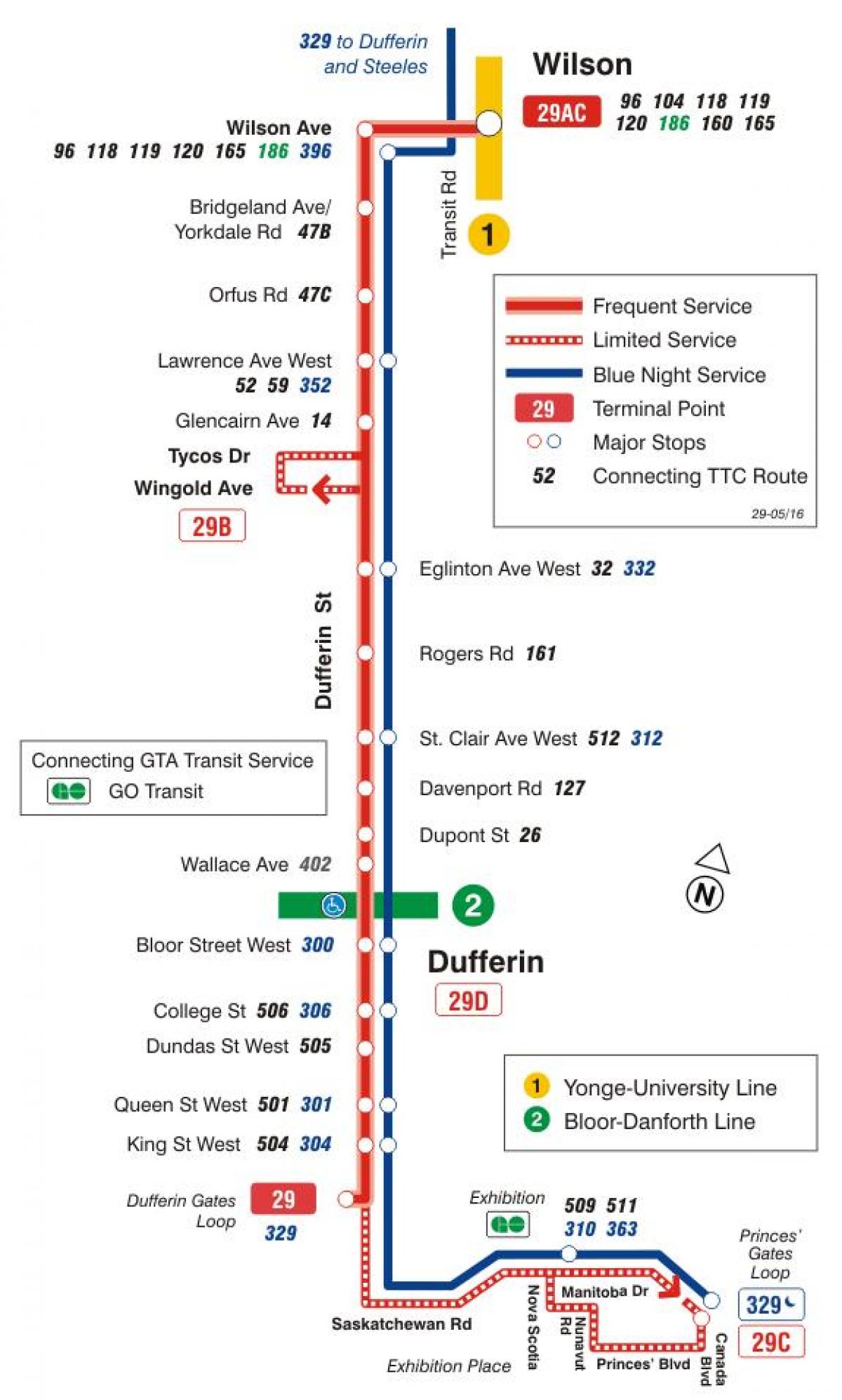 Карта на TTC 29 Dufferin автобус пат Торонто