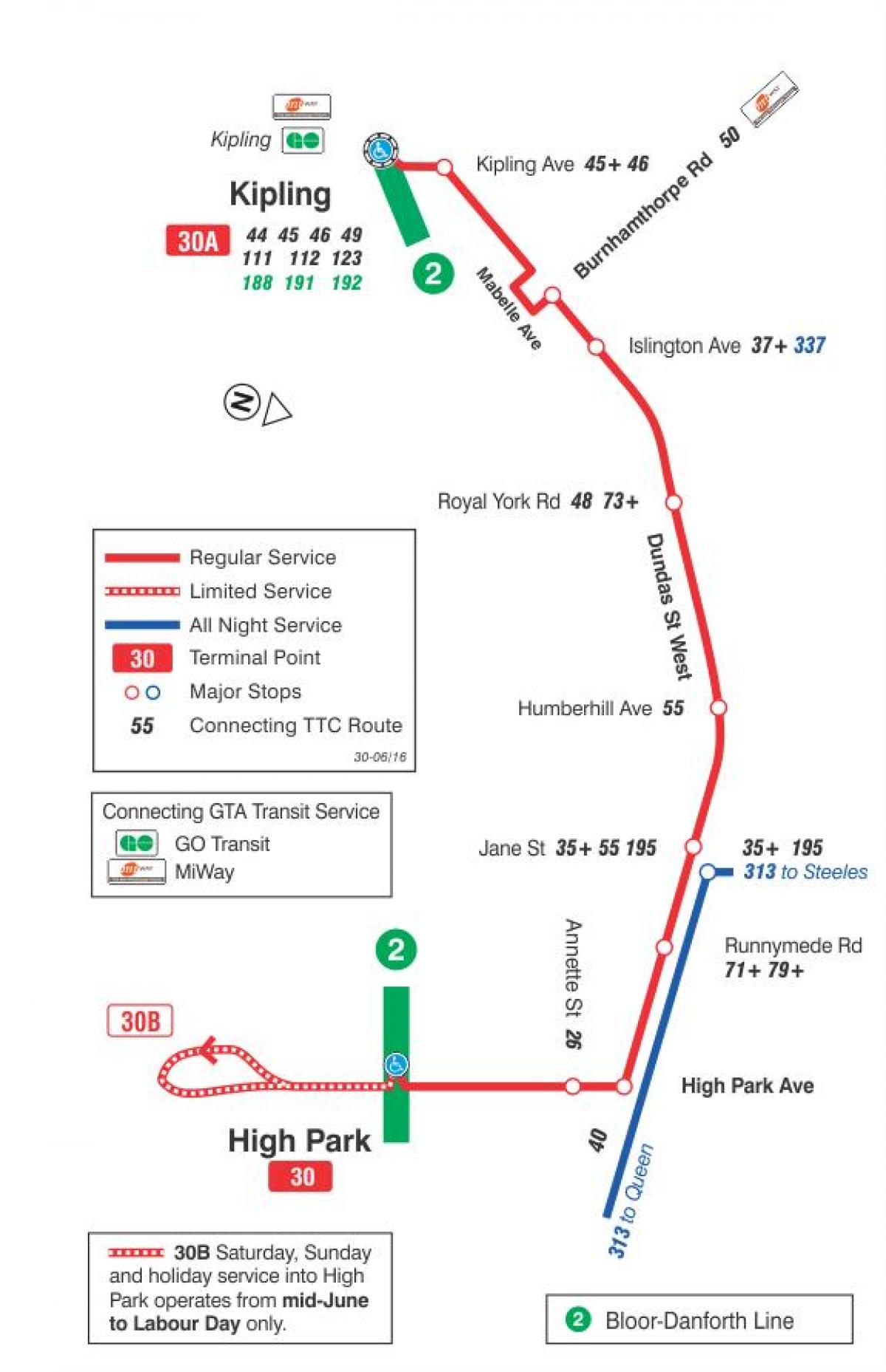 Карта на TTC 30 Lambton автобус пат Торонто