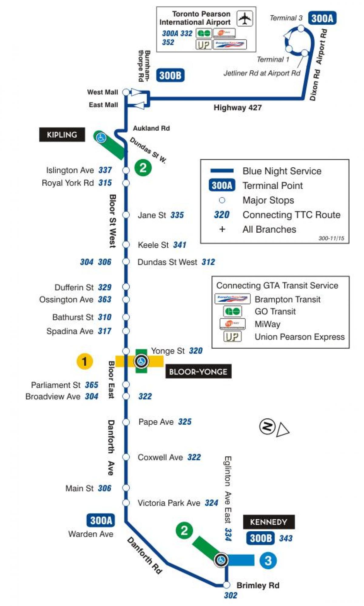 Карта на TTC 300A Bloor-Danforth автобус пат Торонто
