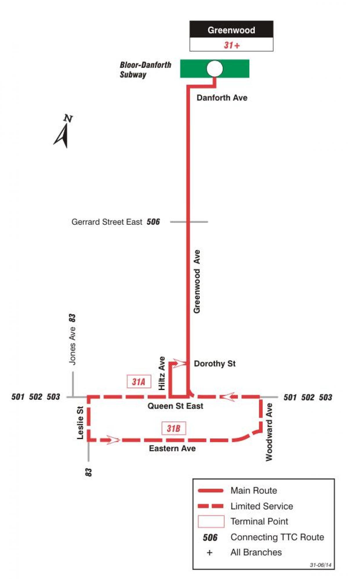 Карта на TTC 31 Greenwood автобус пат Торонто