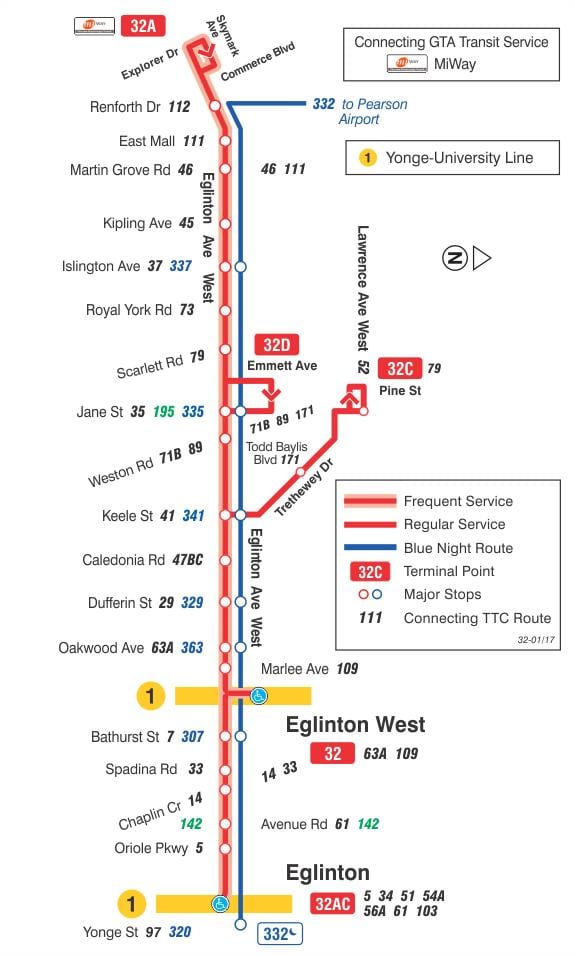 Карта на TTC 32 Eglinton Запад автобус пат Торонто