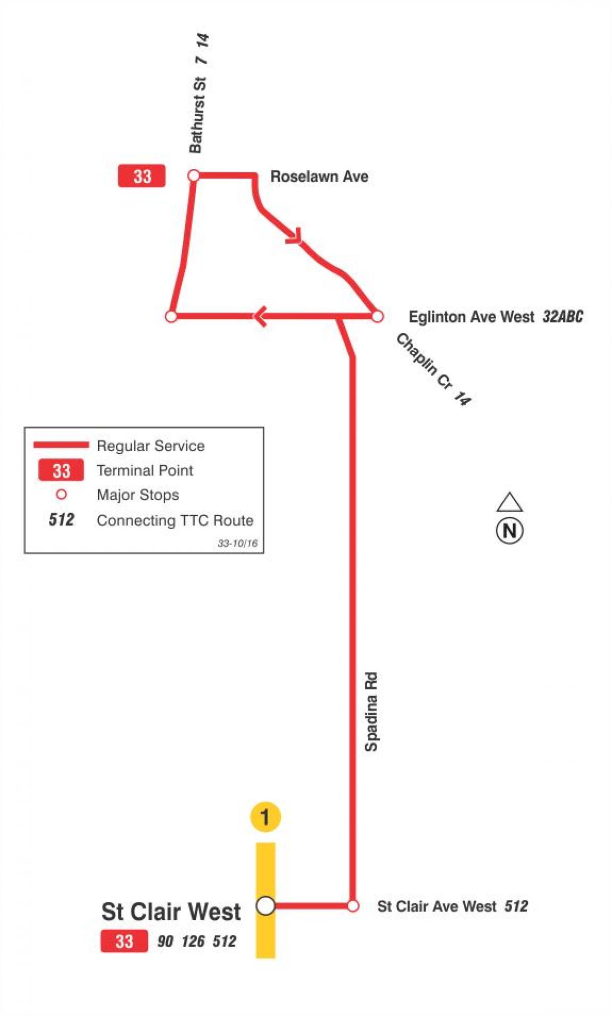 Карта на TTC 33 Шумски Хил автобус пат Торонто