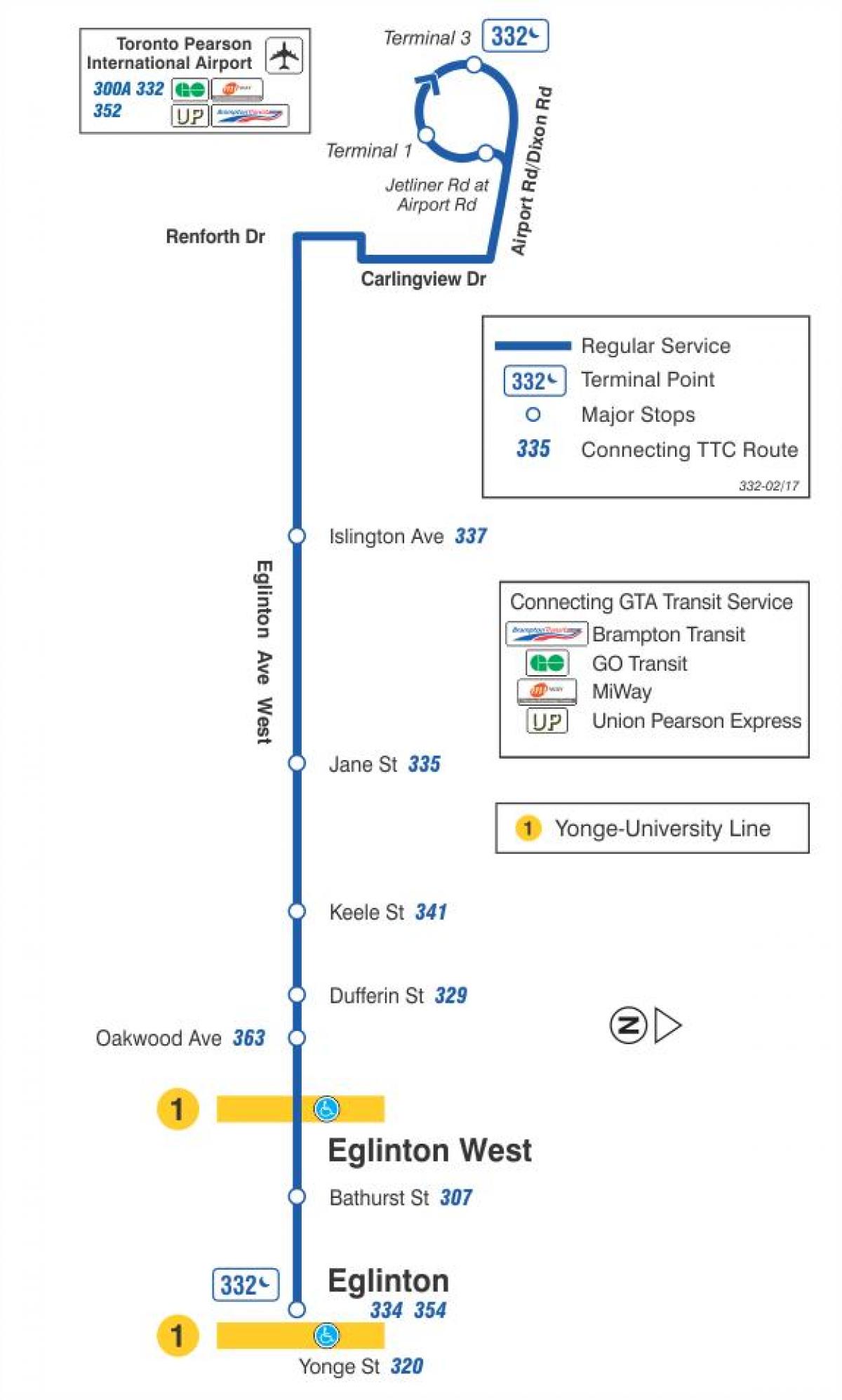 Карта на TTC 332 Eglinton Запад автобус пат Торонто