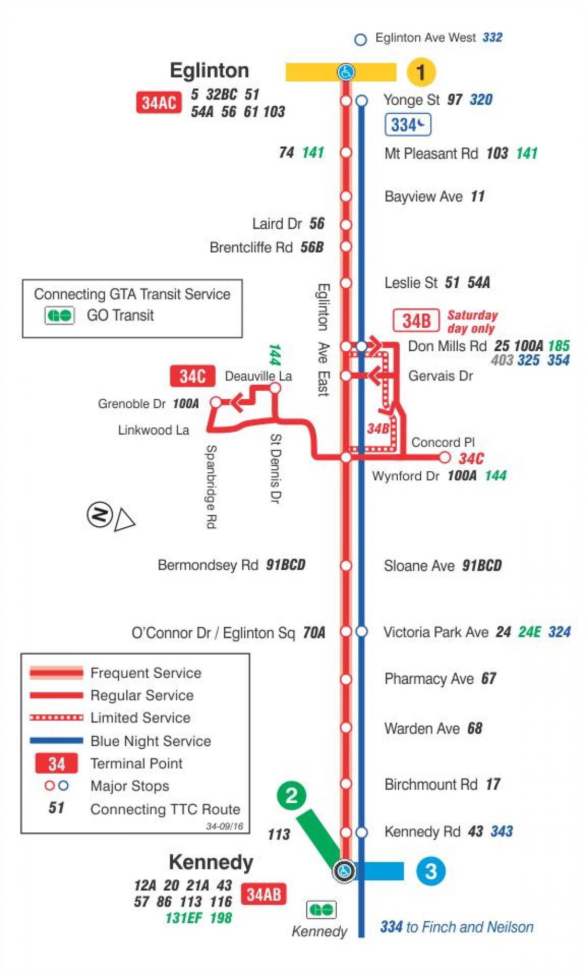 Карта на TTC 34 Eglinton Исток автобус пат Торонто