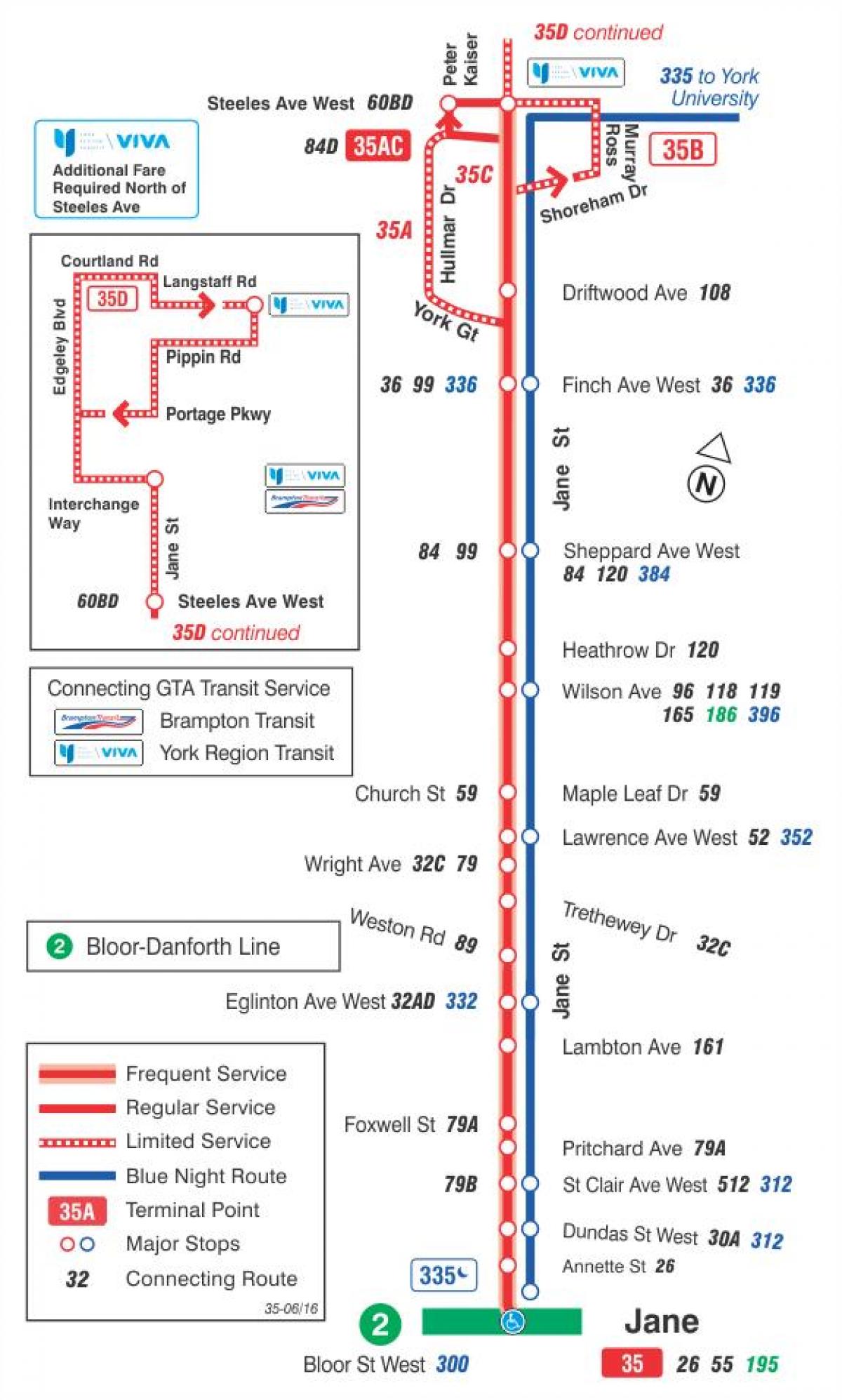 Карта на TTC 35 Јане автобус пат Торонто