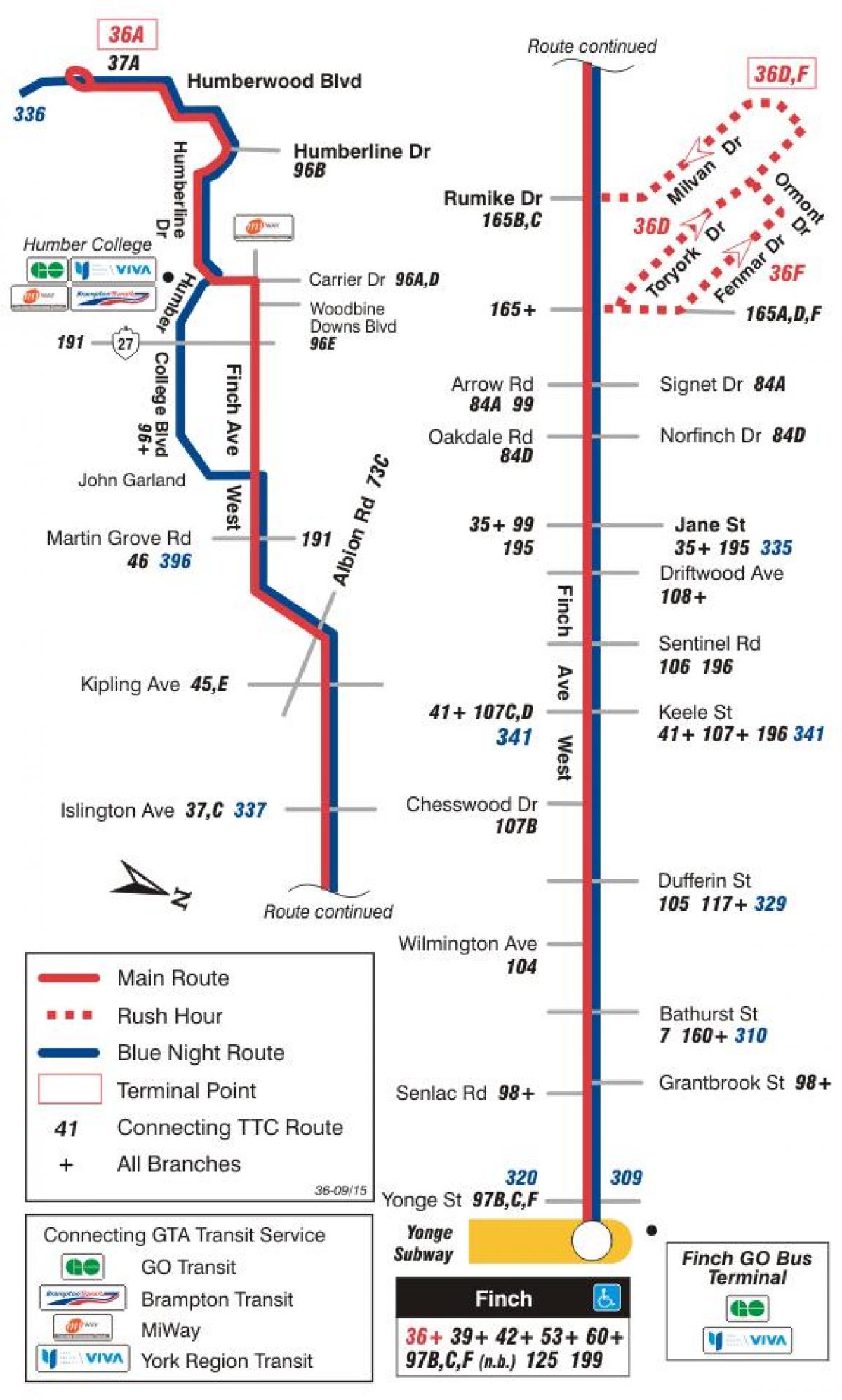 Карта на TTC 36 Финч Запад автобус пат Торонто