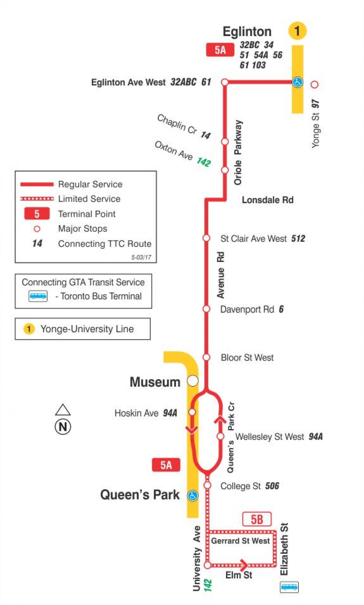 Карта на TTC 5 Та Авенија автобус пат Торонто