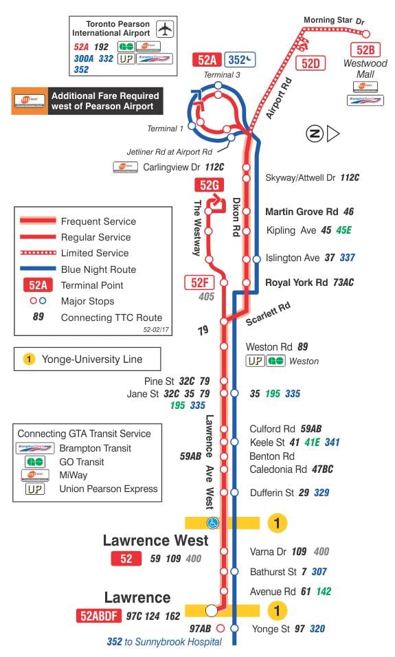 Карта на TTC 52 Лоренс Запад автобус пат Торонто