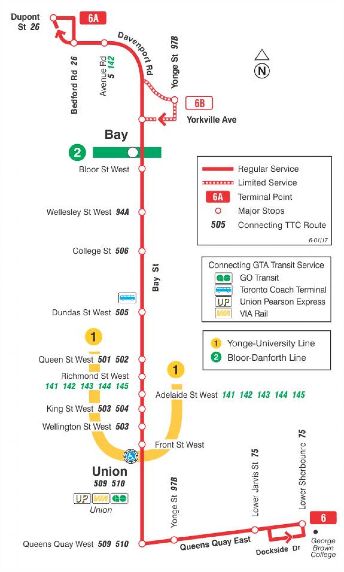 Карта на TTC 6 Bay автобус пат Торонто