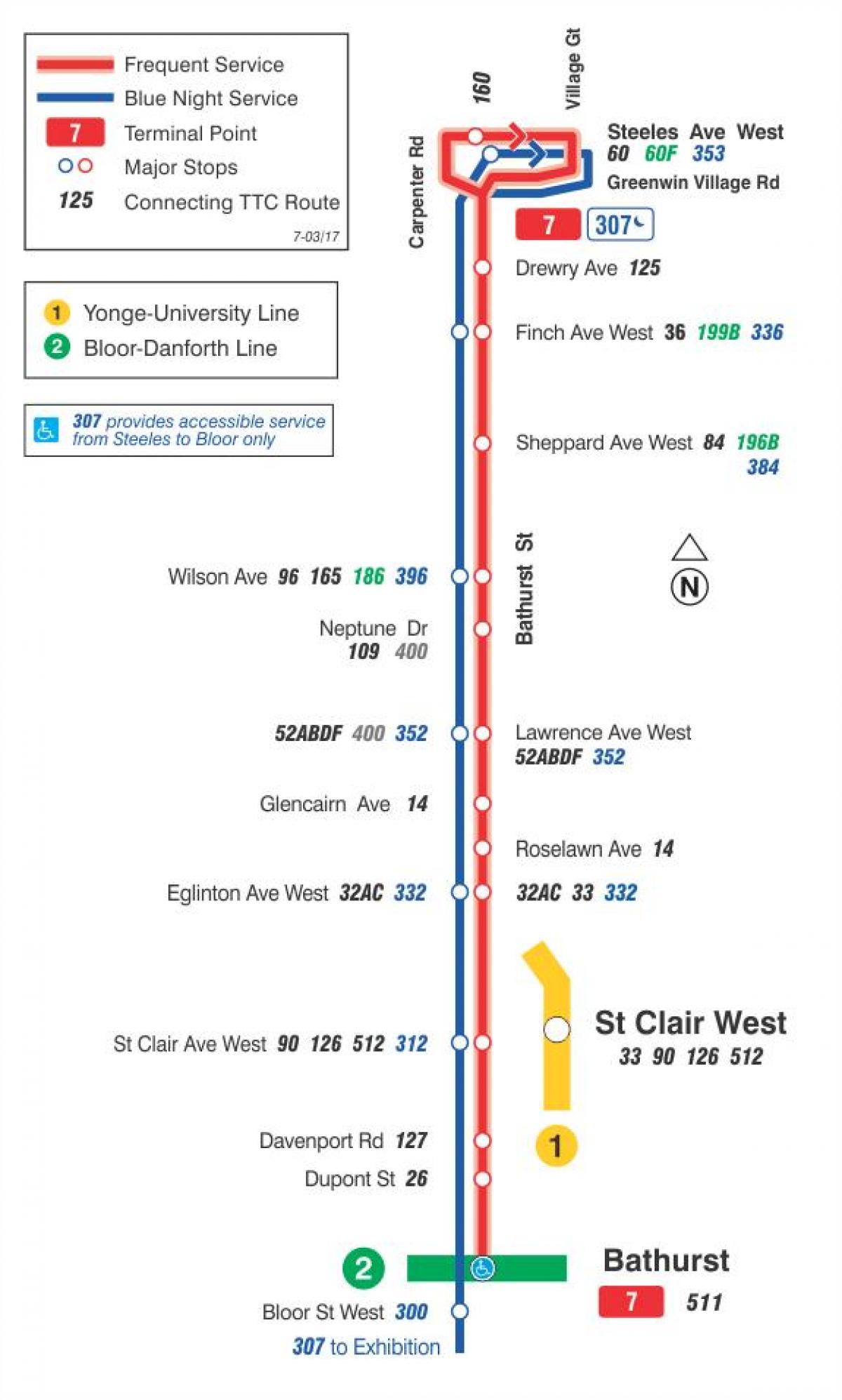 Карта на TTC 7 Bathurst автобус пат Торонто