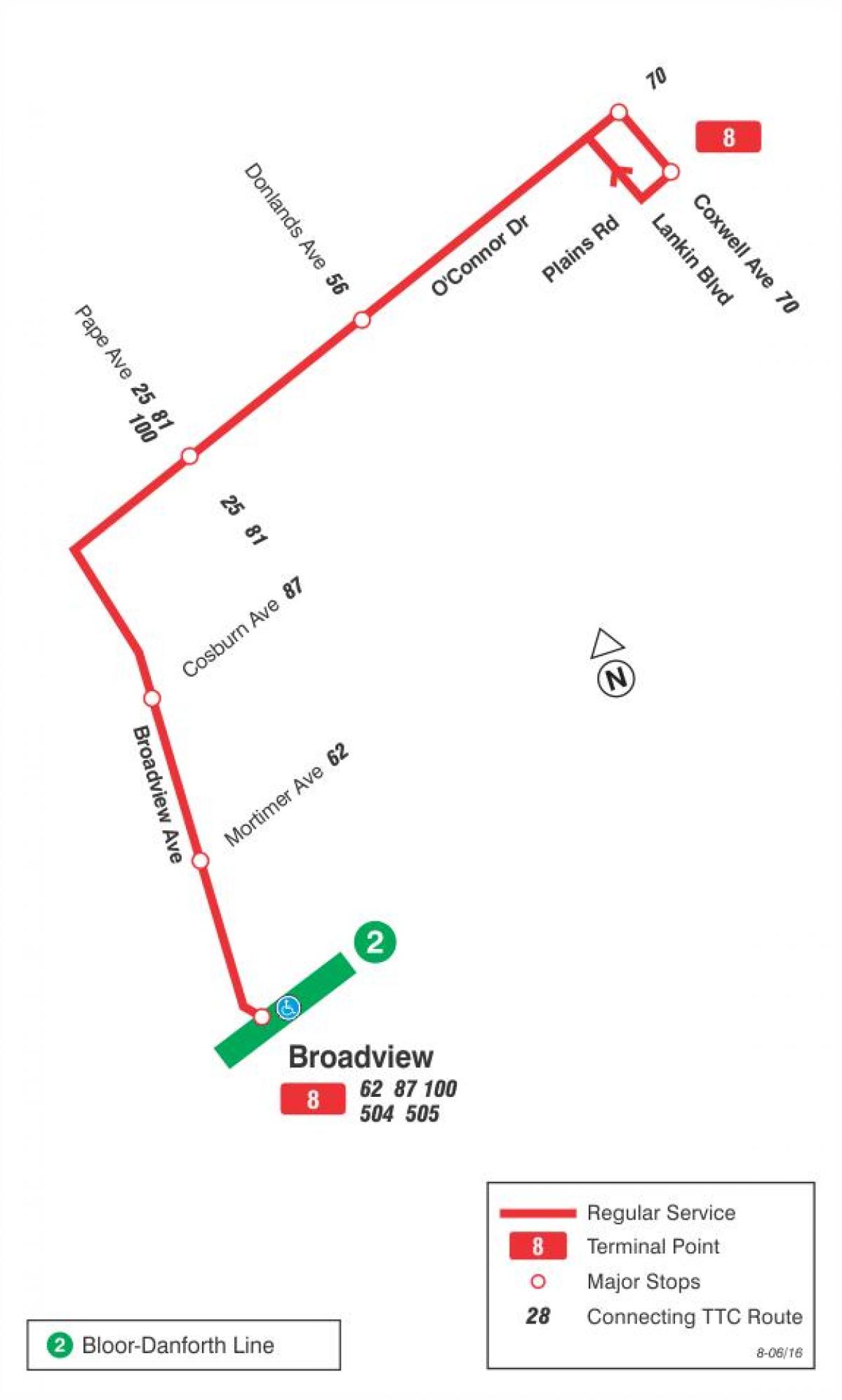 Карта на TTC 8 Broadview автобус пат Торонто