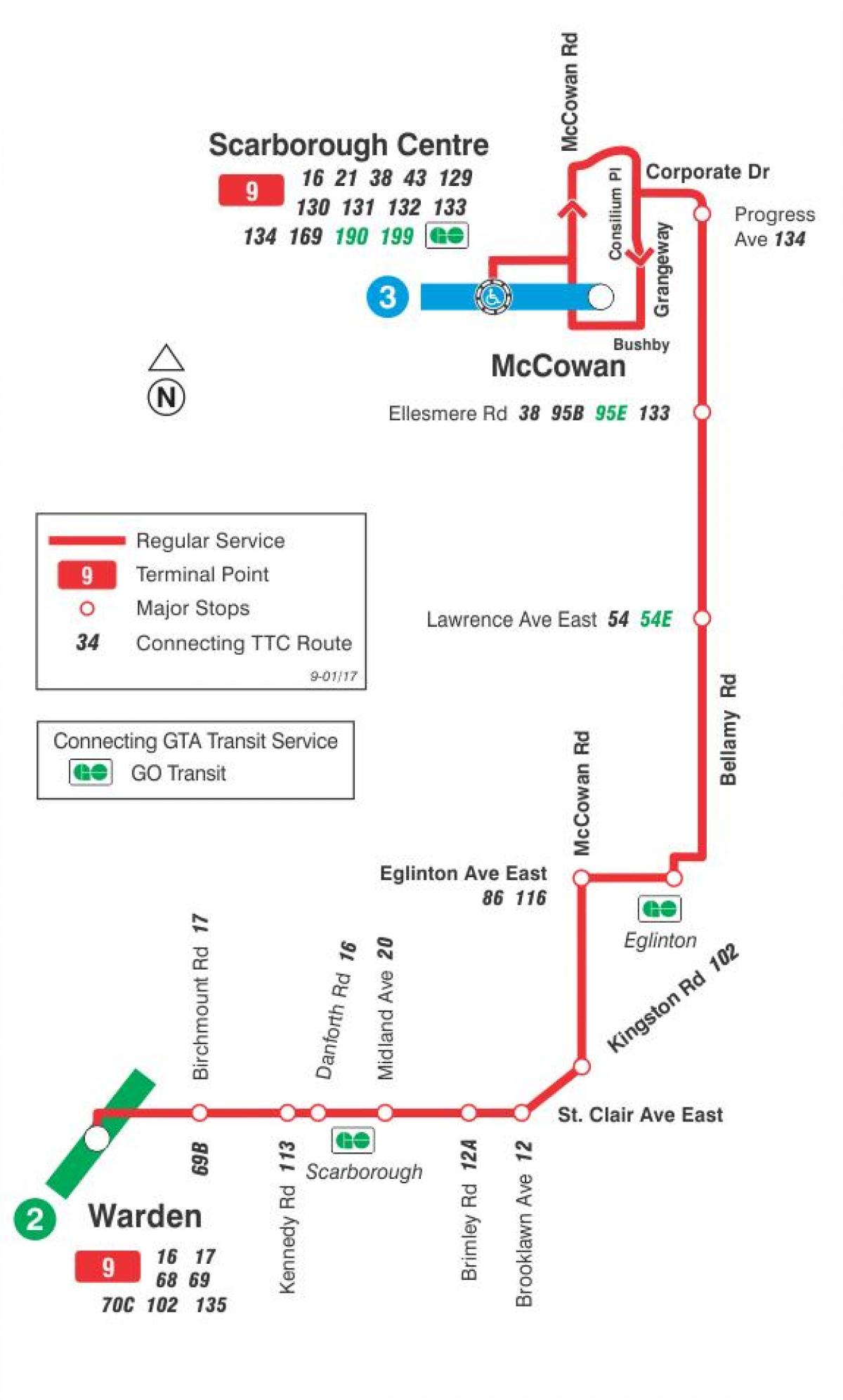 Карта на TTC 9 Bellamy автобус пат Торонто