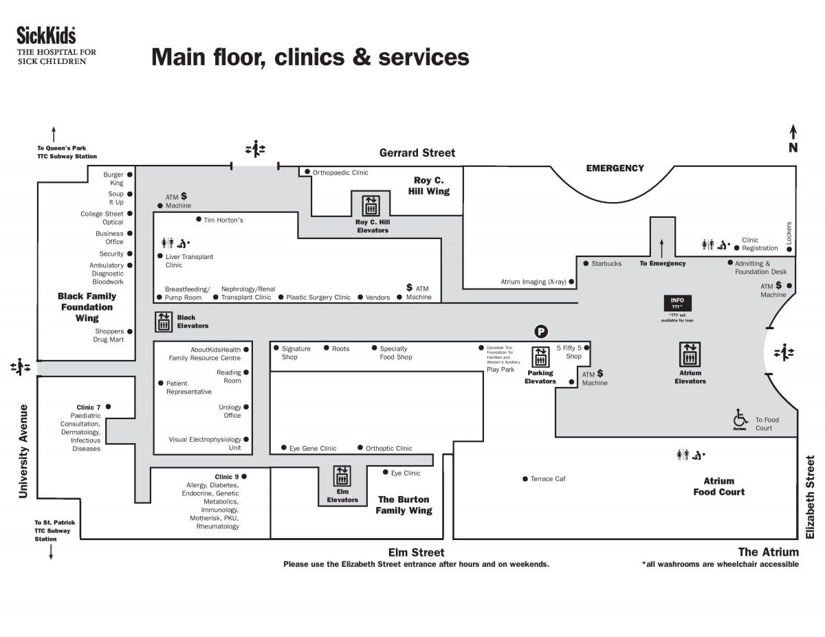 Карта на Болницата за Болни Деца Торонто главната кат