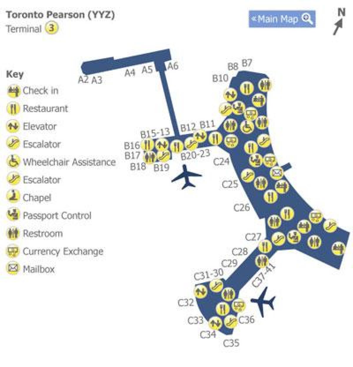 Карта на Торонто Пирсон аеродромски терминал 3